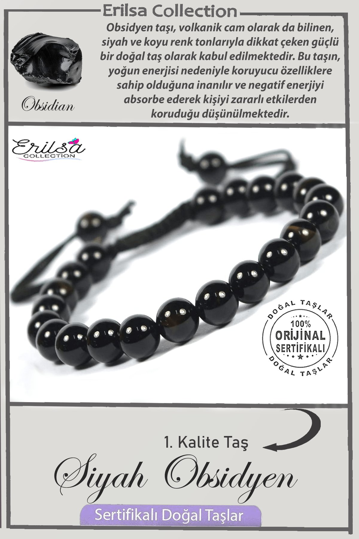 Sertifikalı AAA+ Kalite Gerçek Siyah Obsidyen Taşı Bileklik