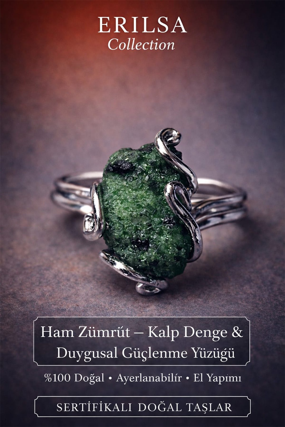 Sertifikalı Kalp Denge ve Duygusal Güçlenme Yüzüğü – Ham Zümrüt Taşı – Ayarlanabilir