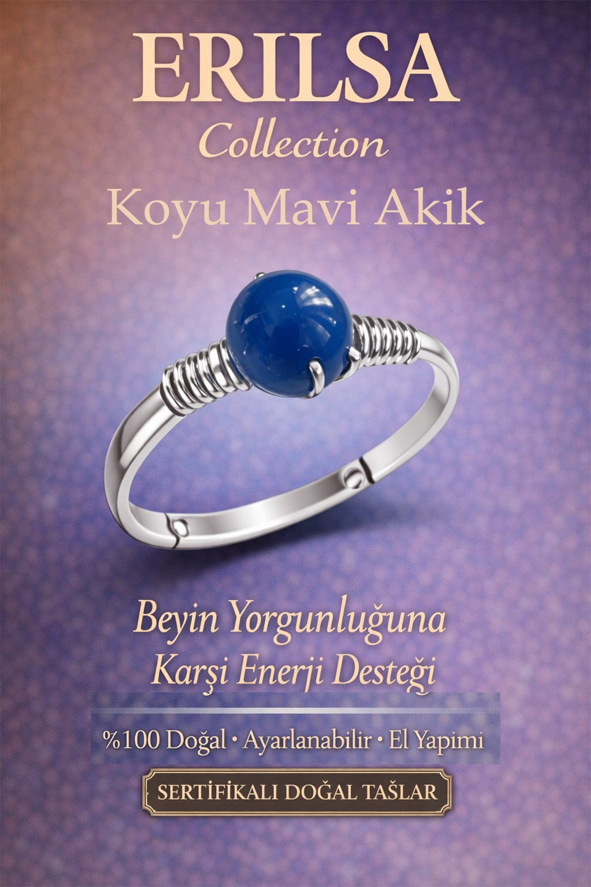 Sertifikalı Beyin Yorgunluğu Enerji Yüzüğü – Koyu Mavi Akik Ayarlamalı İnce Kasa İkizler Başak Burcu