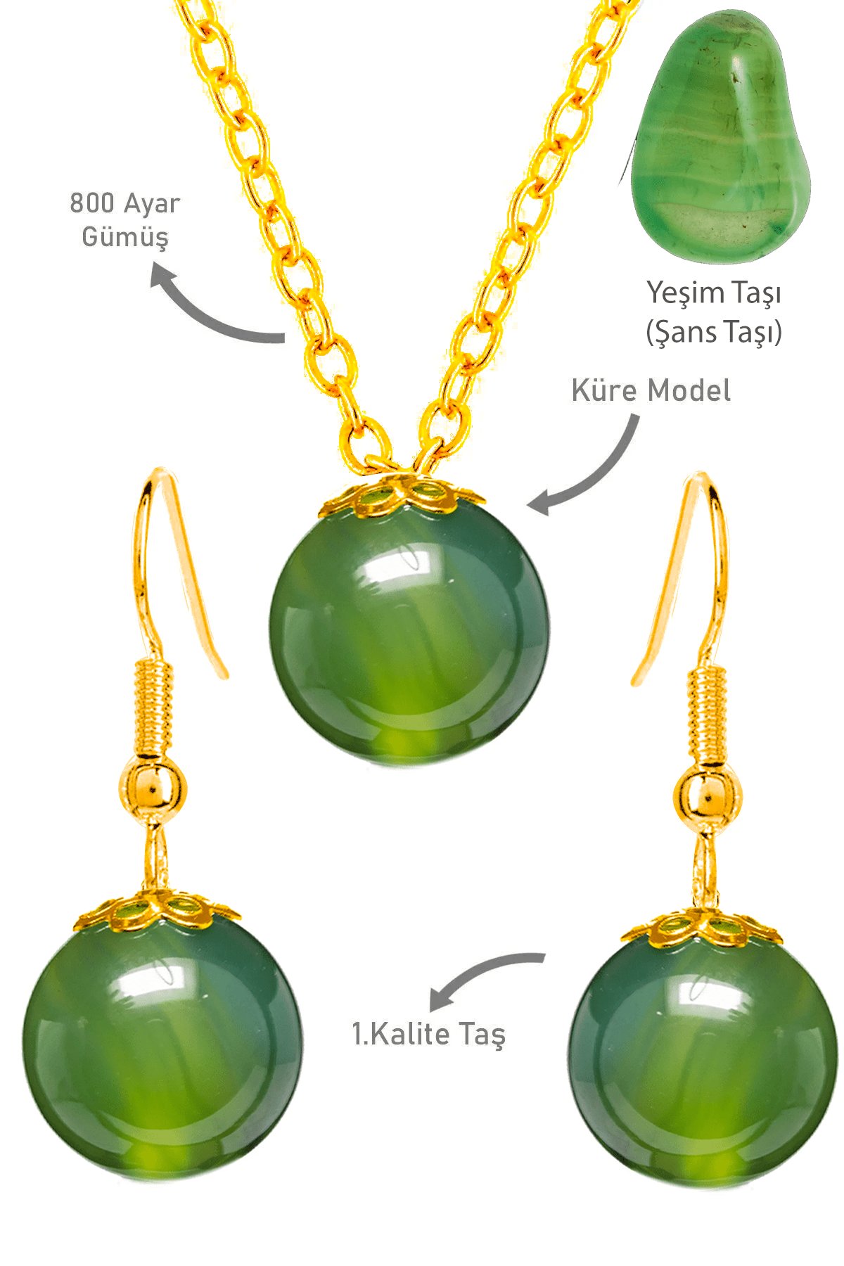 Sertifikalı Gold Yeşim Taşı Kolye Ve Küpe Seti - Gümüş Aparatlı