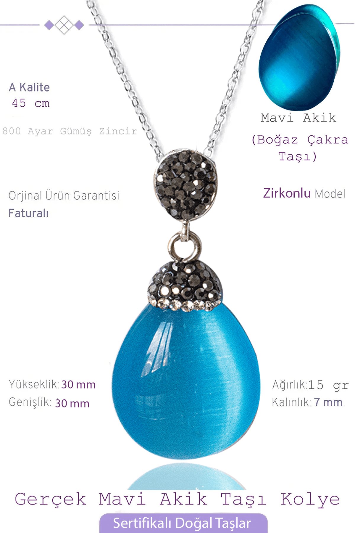 Sertifikalı Zirkon Taşlı Mavi Akik Taşı Kolye