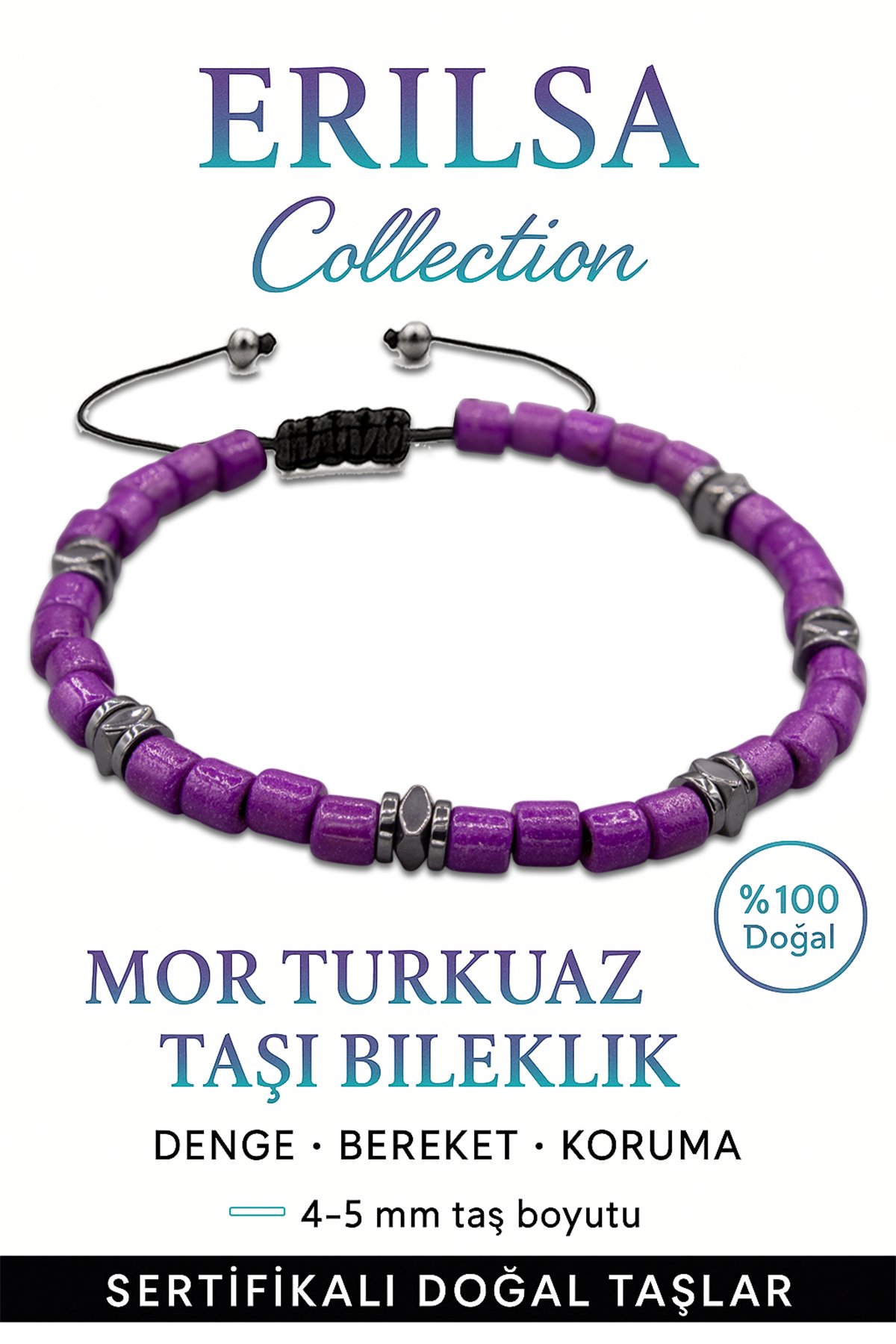 Sertifikalı Terahertz – Mor Turkuaz Taşı Bileklik (İnce Model) – Ruhsal Koruma, Enerji ve Sezgi Taşı