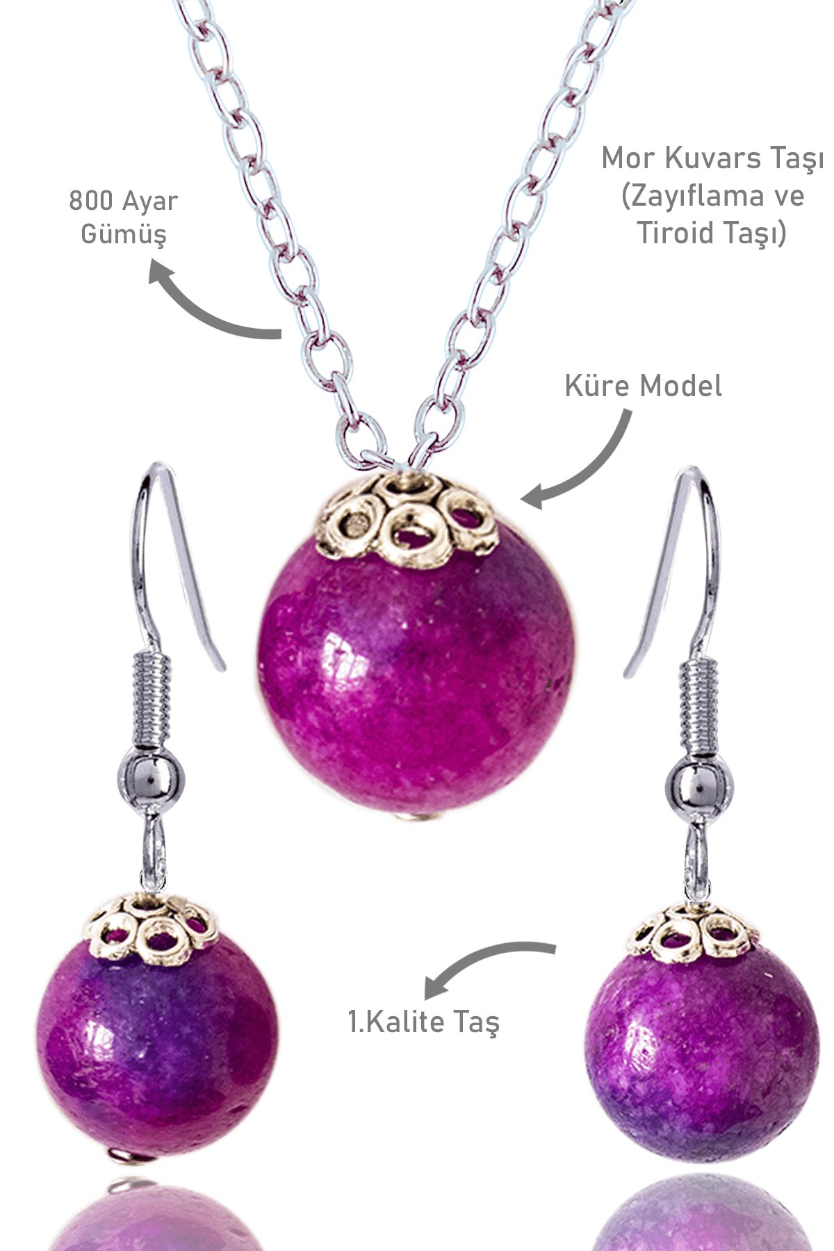 Sertifikalı Küre Model Mor Kuvars Taşı Kolye ve Küpe Seti - Gümüş Aparatlı