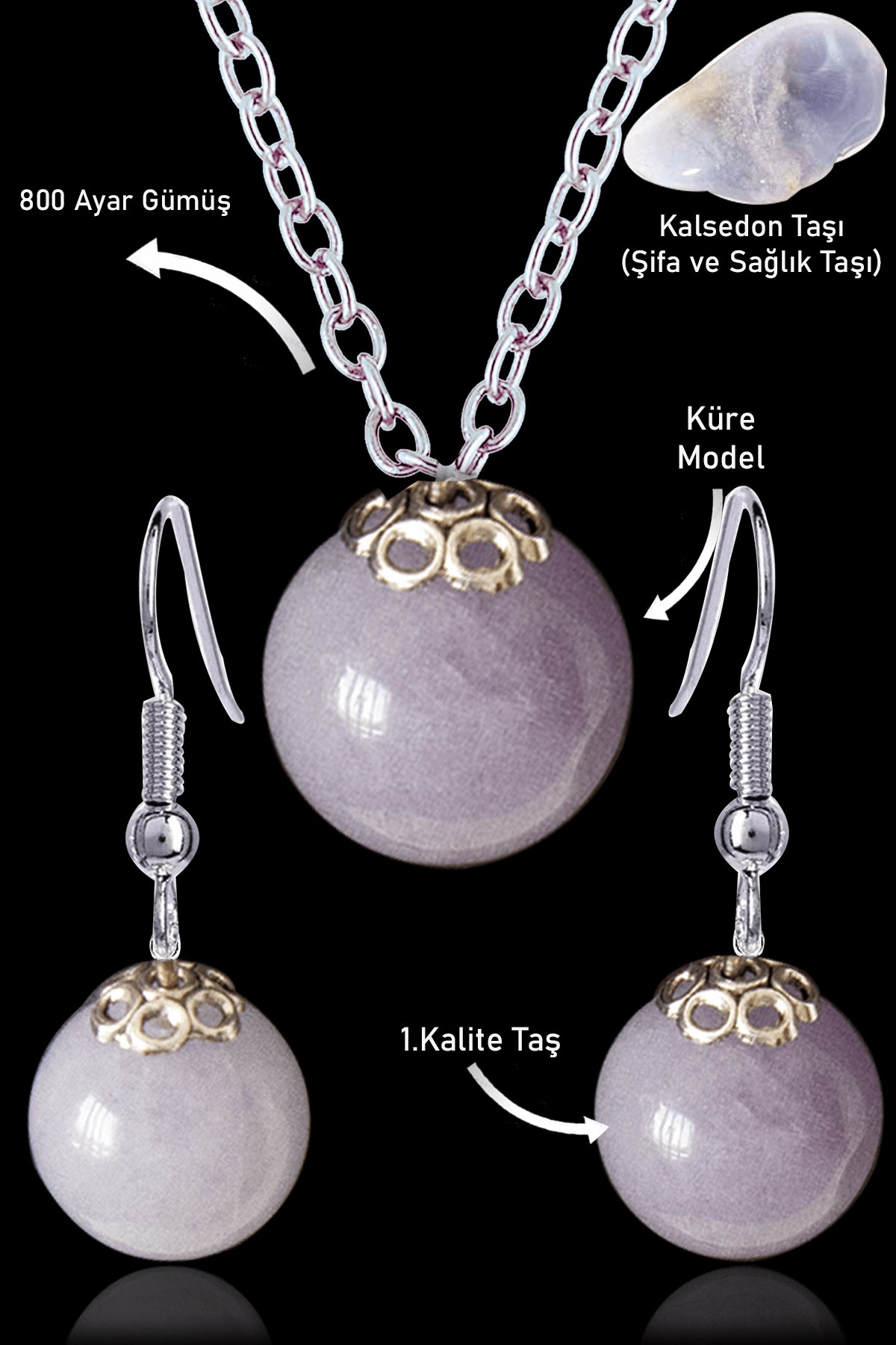 Sertifikalı Küre Model Kalsedon Taşı Kolye ve Küpe Seti - Gümüş Aparatlı