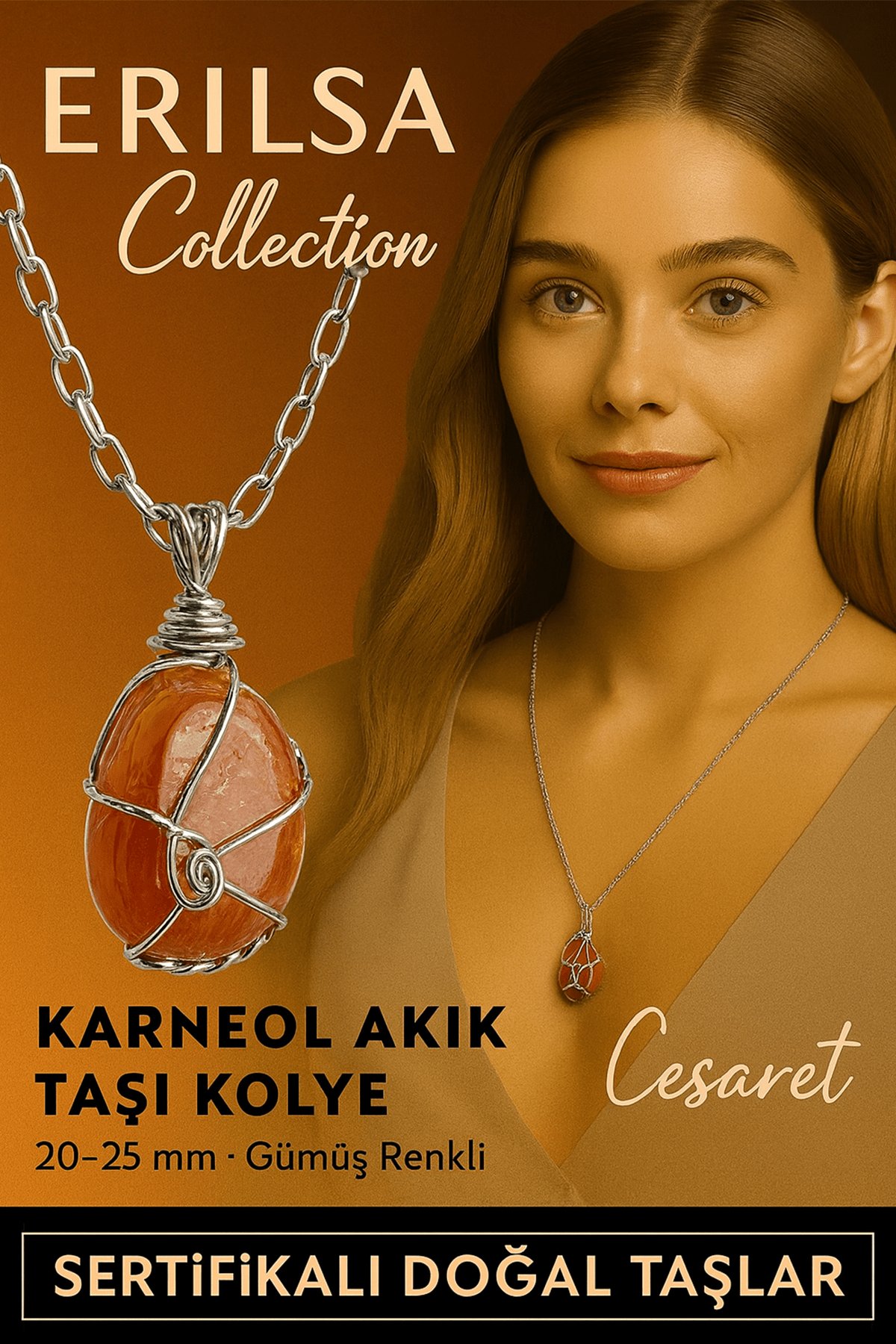 Sertifikalı Gümüş Tel Sargılı Doğal Karneol (Karnelyan) Akik Taşı Kolye – 20-25 mm Enerji ve Tutku Taşı