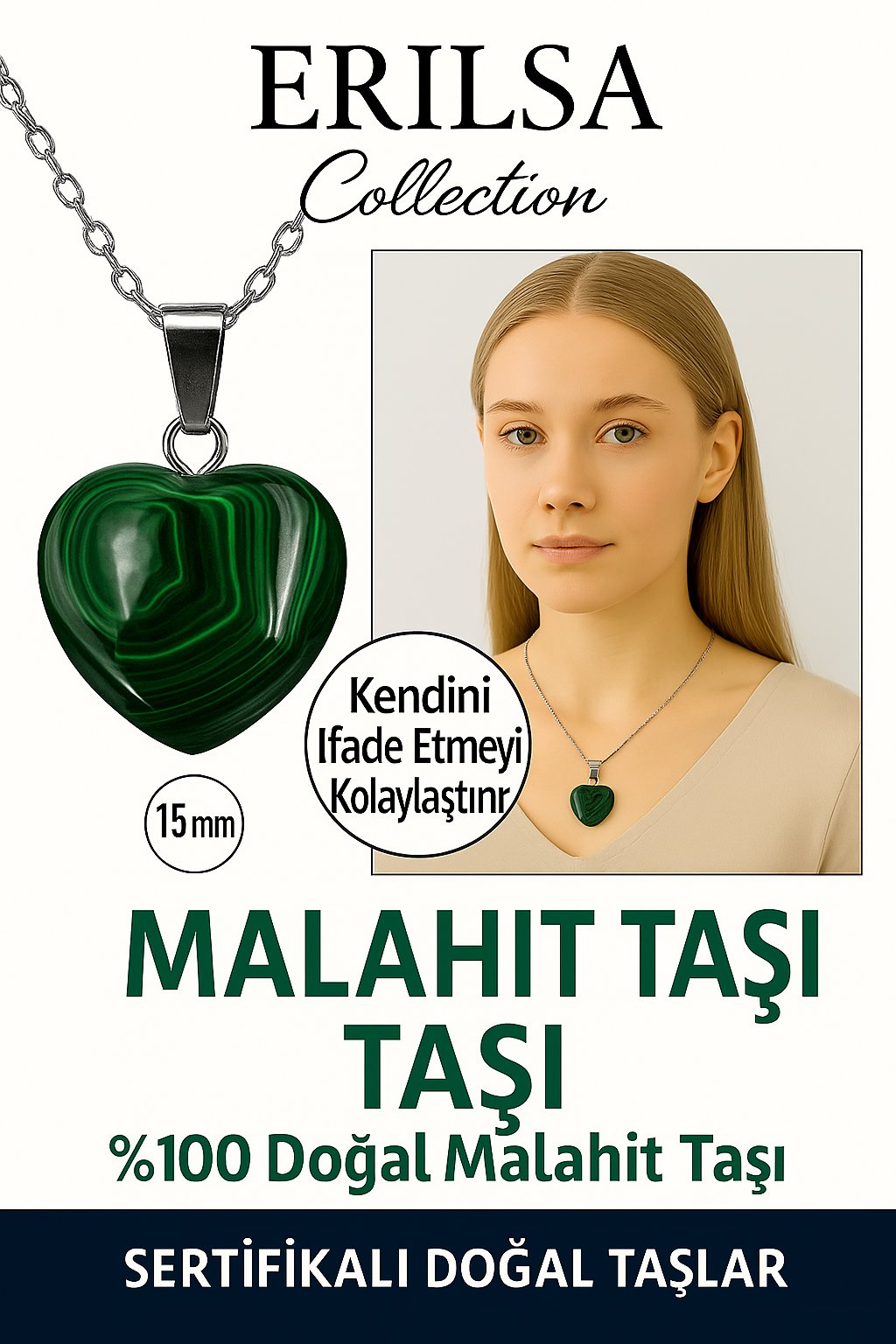 Sertifikalı Kalp Model Mini Malahit Taşı Kolye – Koruma, Dönüşüm ve Kalp Gücü Taşı