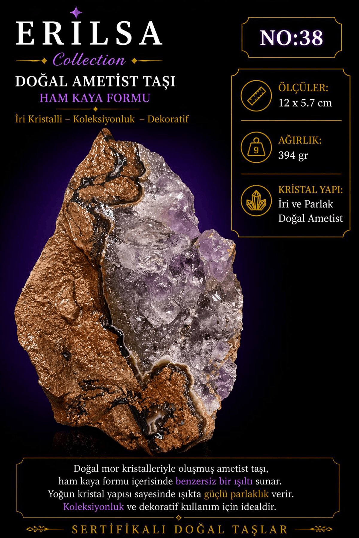 Sertifikalı Doğal Ametist Taşı Ham Kaya İri Kristalli Mor Dekoratif Kütle NO38