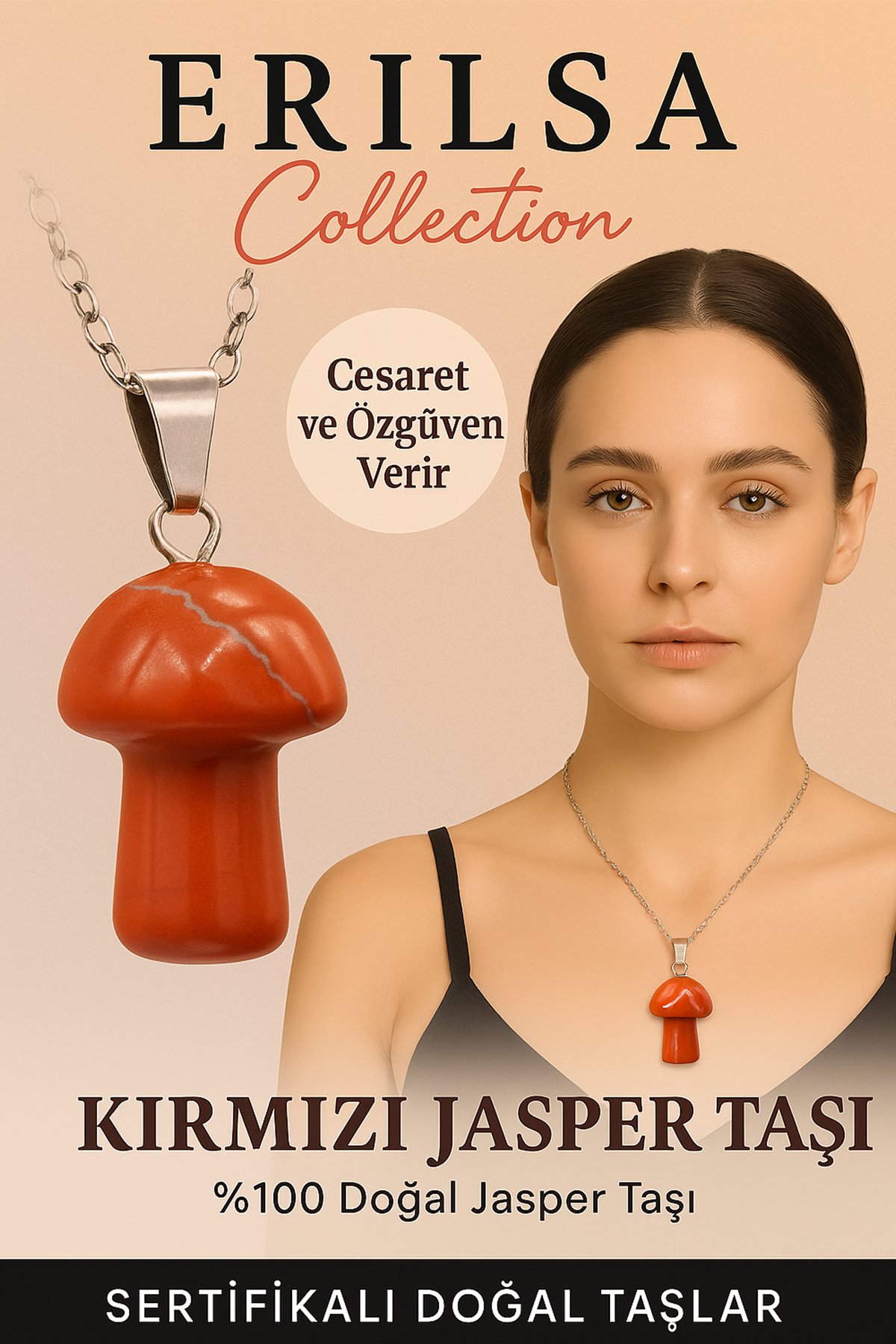 Sertifikalı Mantar Model Kırmızı Jasper Taşı Kolye - Cesaret ve Özgüven Veren Doğal Kolye