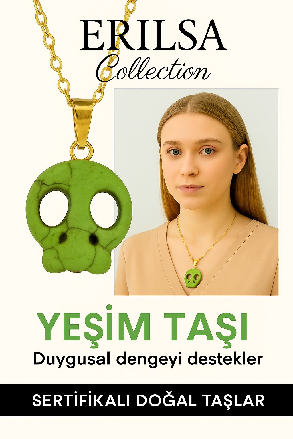 Sertifikalı Sarı Renkli İskelet Model Yeşim Taşı Kolye – Güç, Dönüşüm ve Ruhsal Koruma Taşı