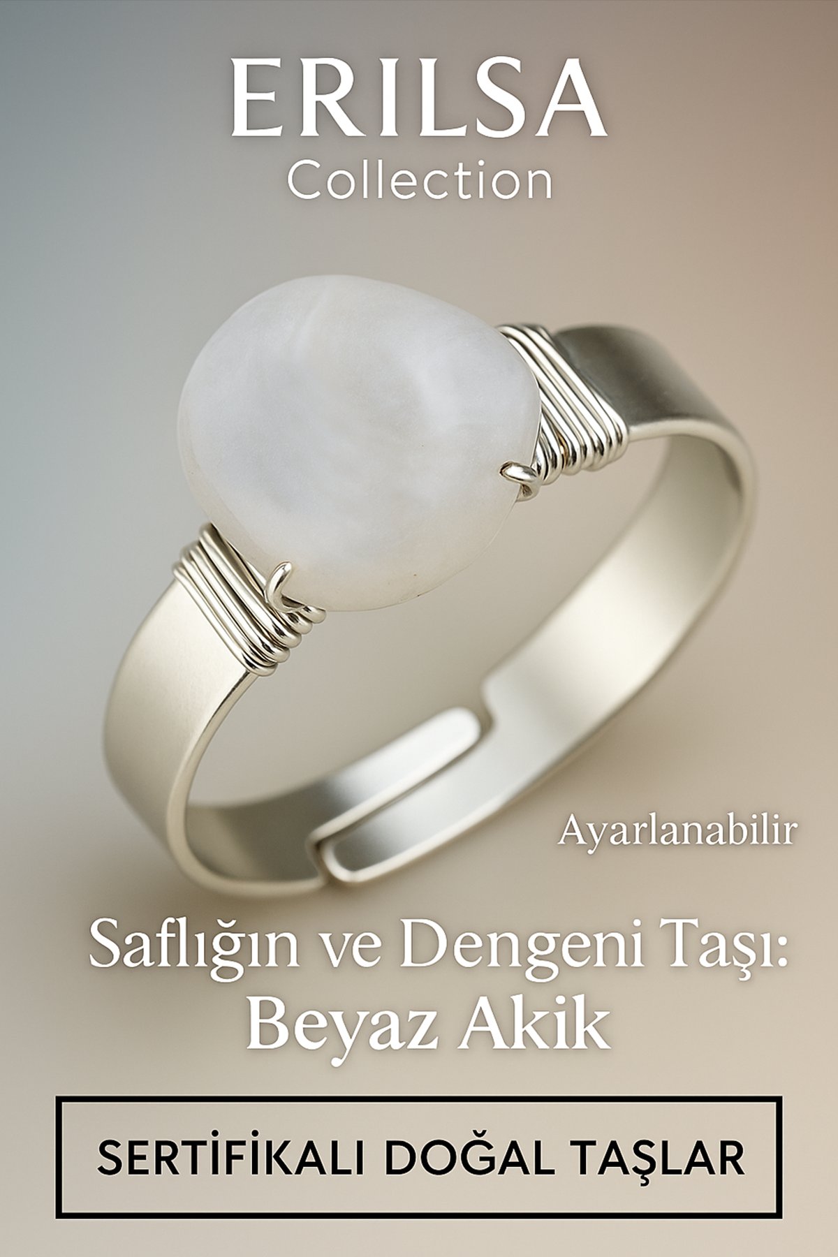 Sertifikalı Doğal Beyaz Akik Taşı Yüzük – Kalın Tımbıl Kasa Gümüş Renk Ayarlanabilir