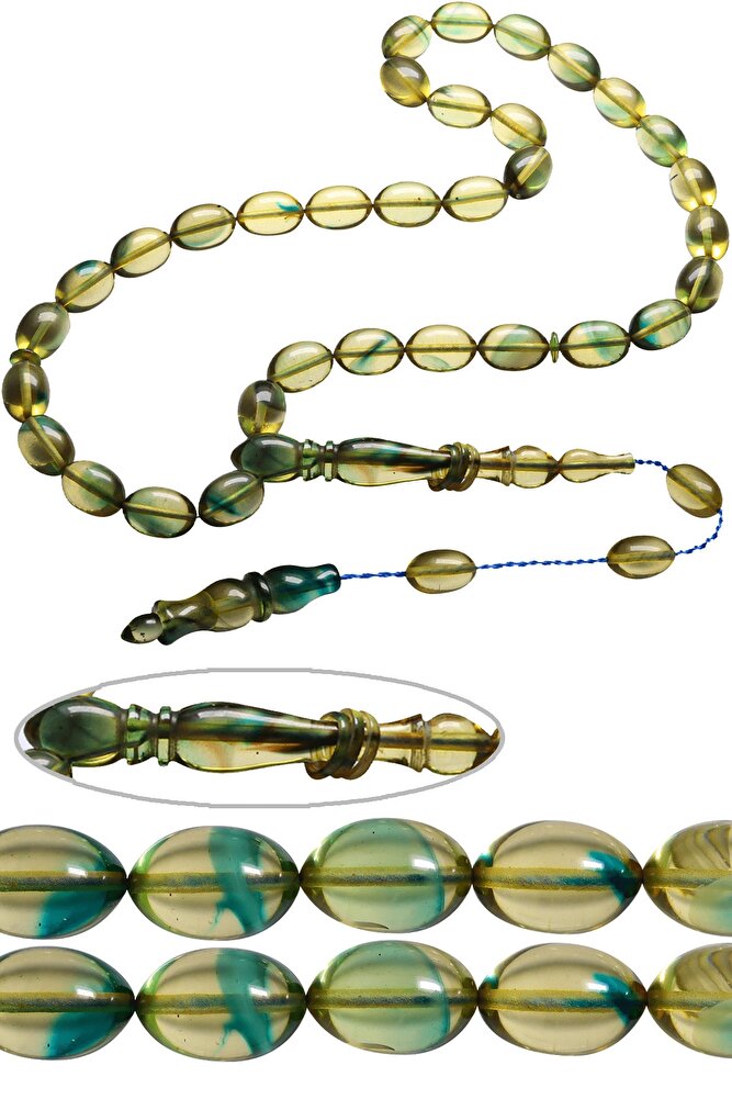 Sistemli Beyzi Kesim Halkalı Su Yeşili Şeffaf Renkli Ateş Kehribar Tesbih