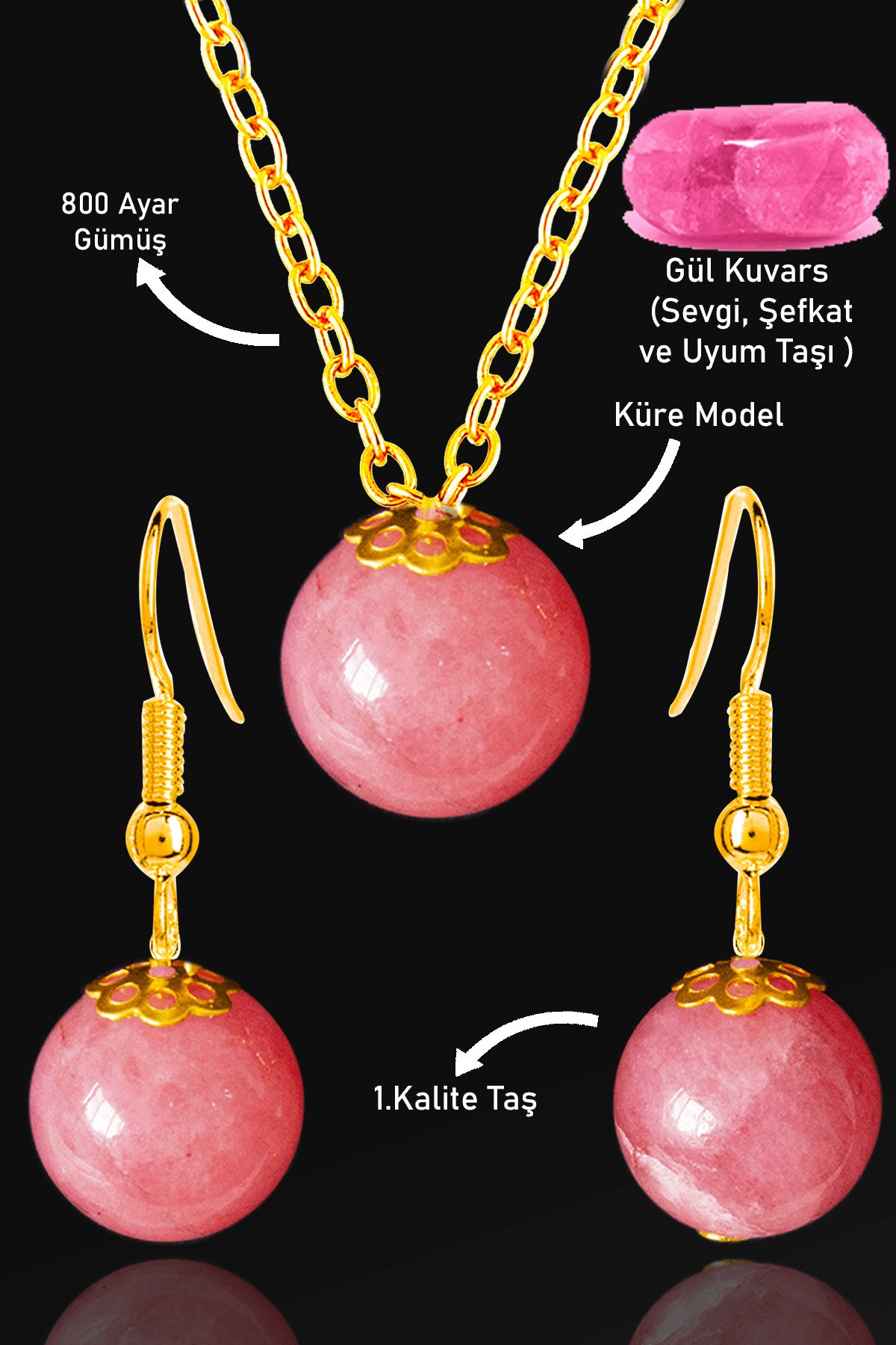 Sertifikalı Gold Küre Model Rose Kuvars Taşı Kolye ve Küpe Seti - Gümüş Aparatlı