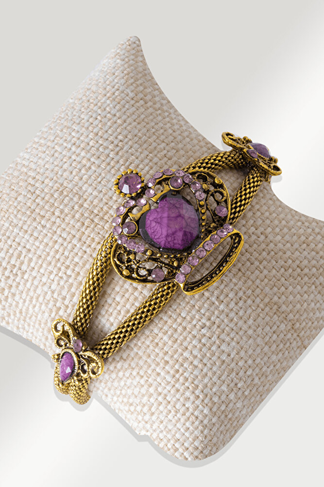 Sertifikalı Zirkon Taşlı Model Mor Akik Taşı Bileklik - Ayarlamalı