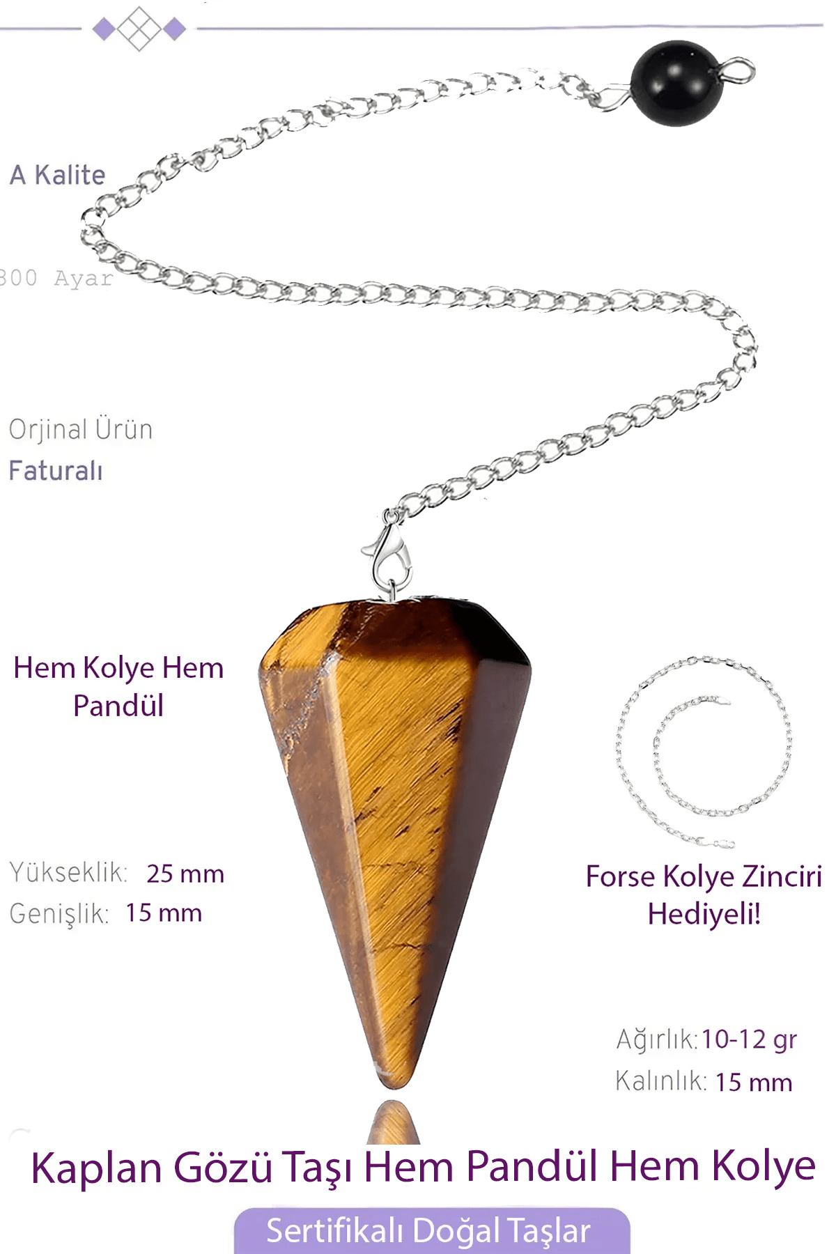 Sertifikalı Kaplan Gözü Taşı Pandül Sarkaç Hem Pandül - Hem Kolye Doğal Kahverengi Sarı Renk Tek Ebat