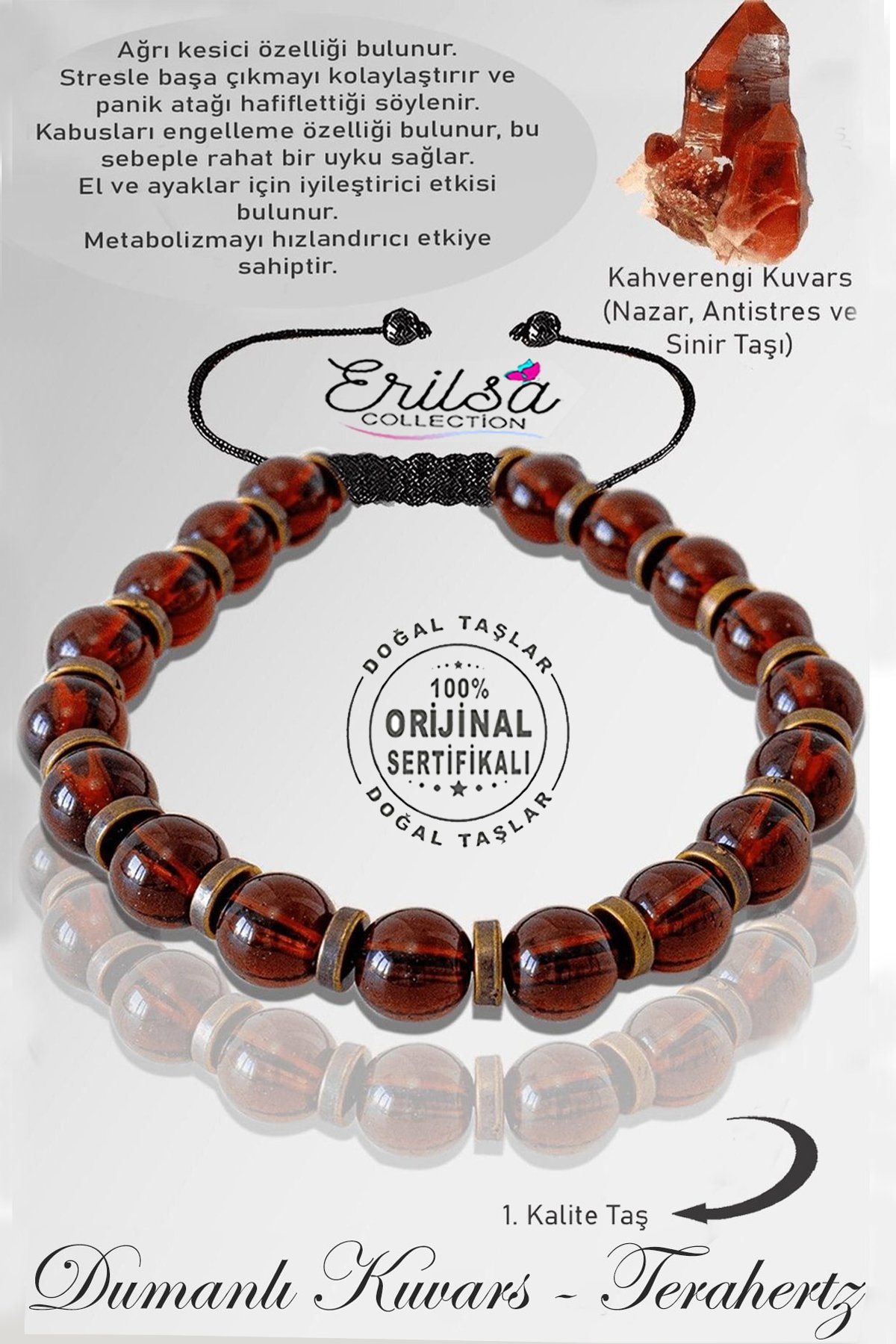 Sertifikalı Silver Rose Hematit - Kahverengi Dumanlı Kuvars Taşı Bileklik - Ayarlamalı