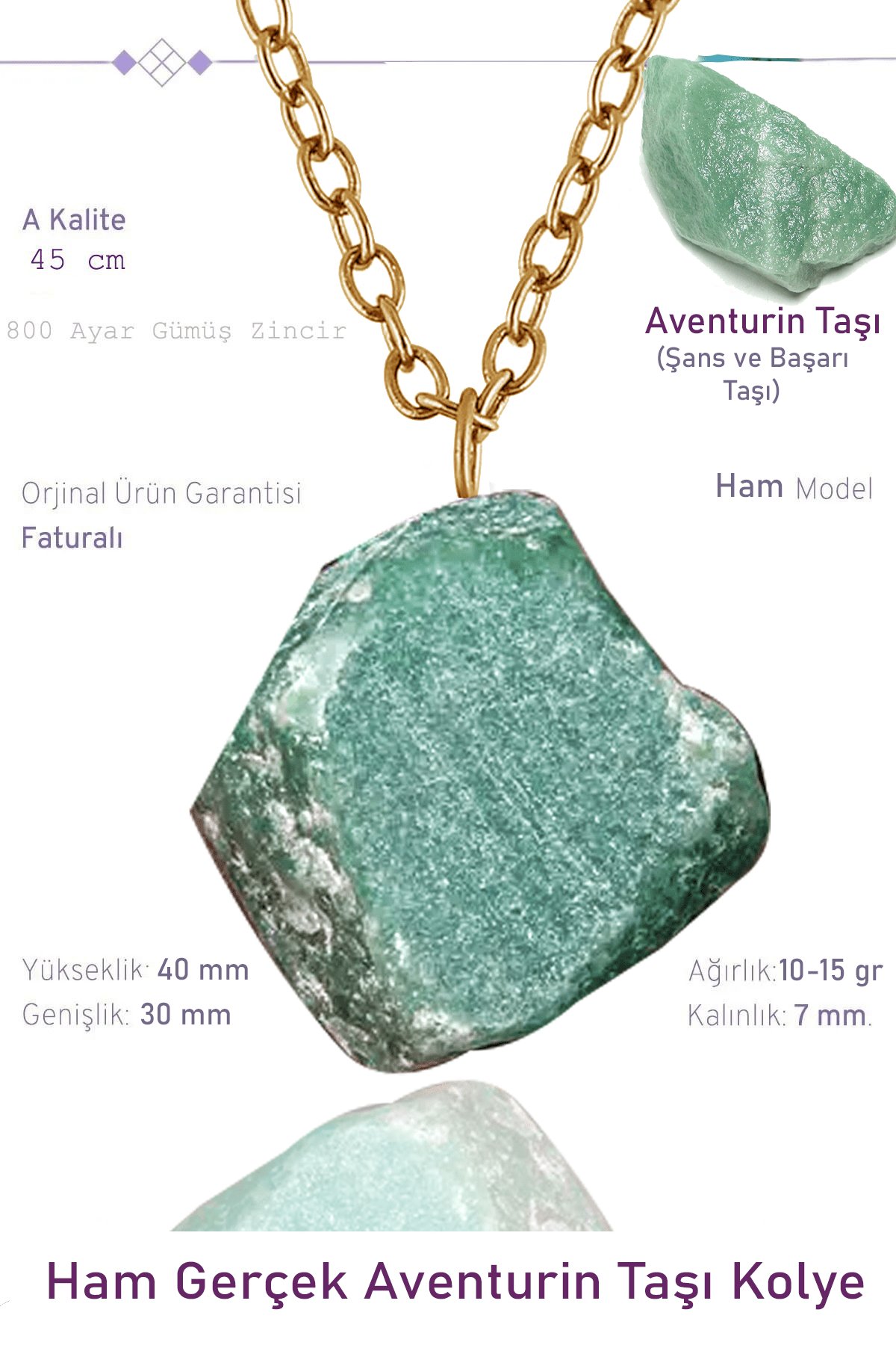 Sertifikalı Ham İşlenmemiş Aventurin Taşı Kolye - 24k Altın Kaplama