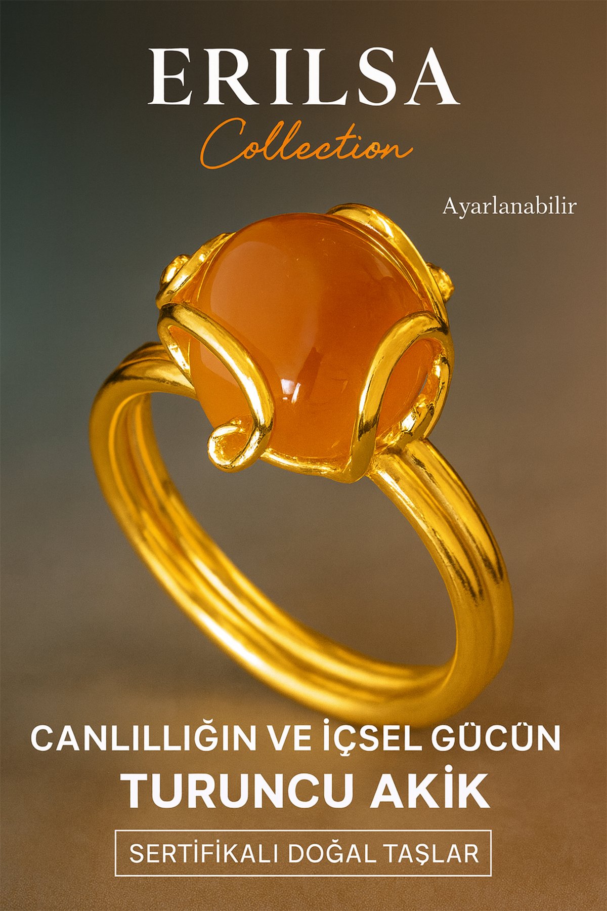 Sertifikalı Rokoko Model Turuncu Akik Taşı Yüzük - Ayarlamalı