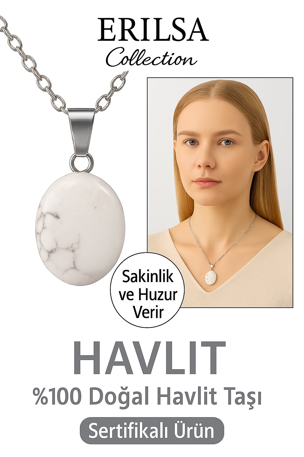 Sertifikalı Oval AAA+ Beyaz Havlit Taşı Doğal Taş Kolye – Stresi Azaltır ve İçsel Sükunet Sağlar
