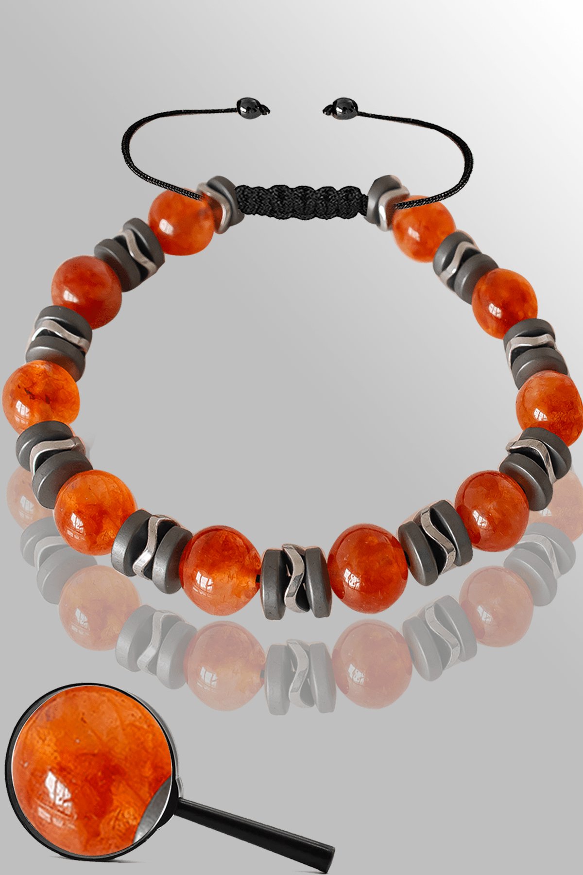 Sertifikalı Mat Silver Hematit Karnelyan Akik Taşı Bileklik - Ayarlamalı