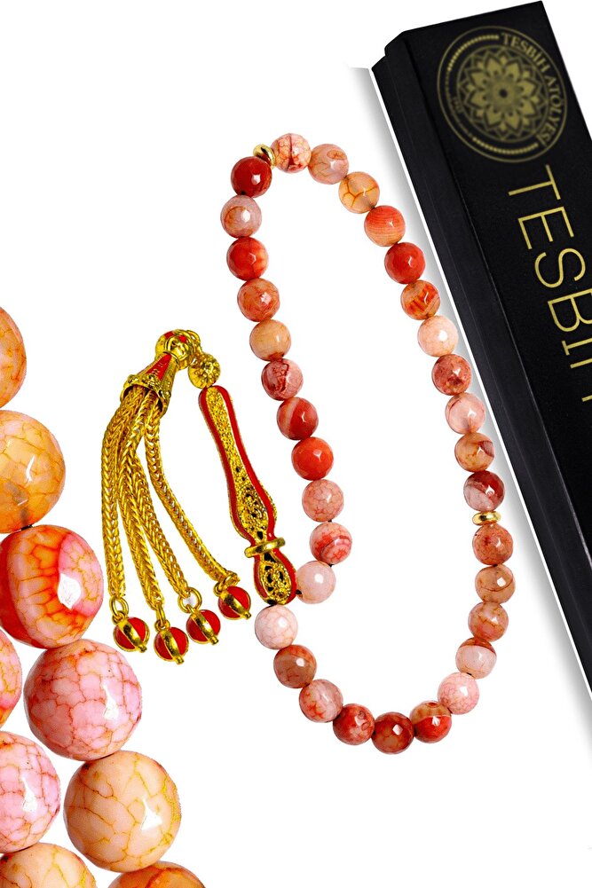 Sertifikalı Telkari Püsküllü Turuncu Doğal Akik Taşı Tesbih