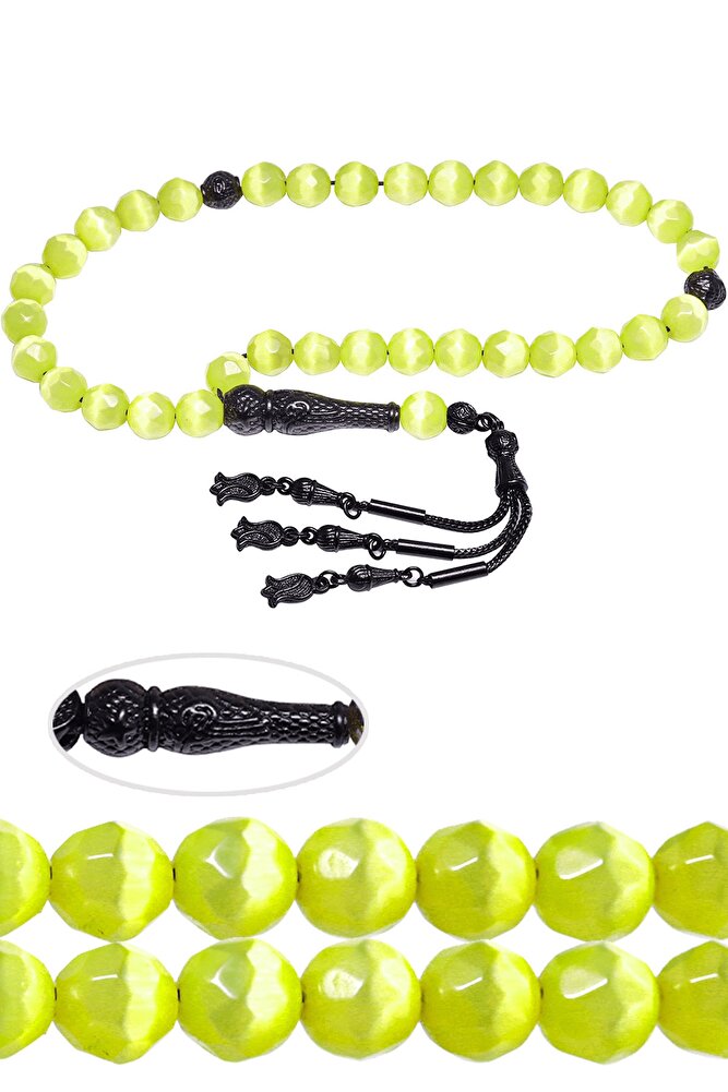 Sertifikalı Siyah Nikel Püsküllü Yeşil Doğal Kedi Taşı Gözü Tesbih