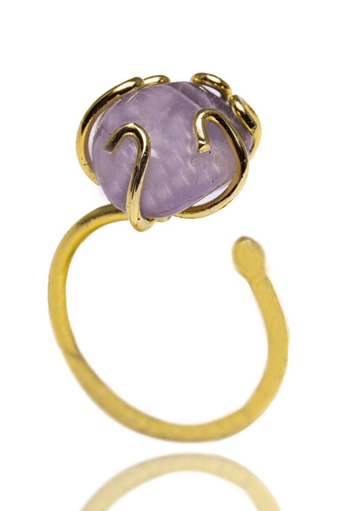 Sertifikalı Gerçek Ayarlanabilir Ham Doğal Ametist Doğal Taş Yüzük (24k Altın Kaplama)