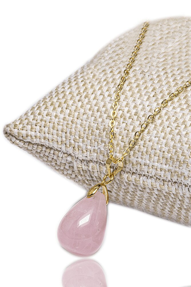 Sertifikalı Doğal Pembe Kuvars Taşı Kolye - 24k Altın Kaplama