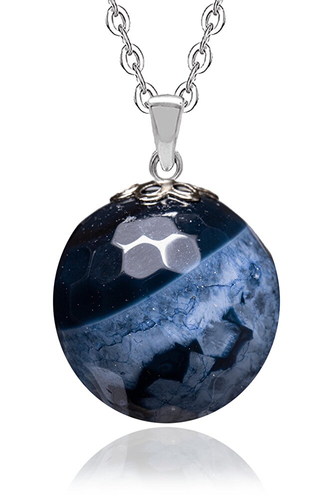 Sertifikalı Fasetli Mavi Akik Doğal Taş Kolye