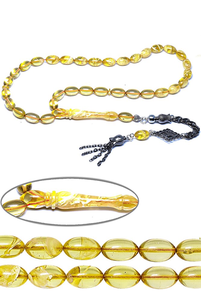 Sertifikalı Sarı Renkli Beyaz Hareli Sıkma Kehribar Tesbih