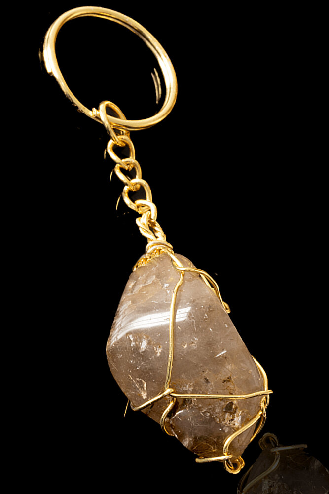 Sertifikalı Tel Sargılı Ham Rutil Kuvars Taşı Anahtarlık - Altın Kaplama