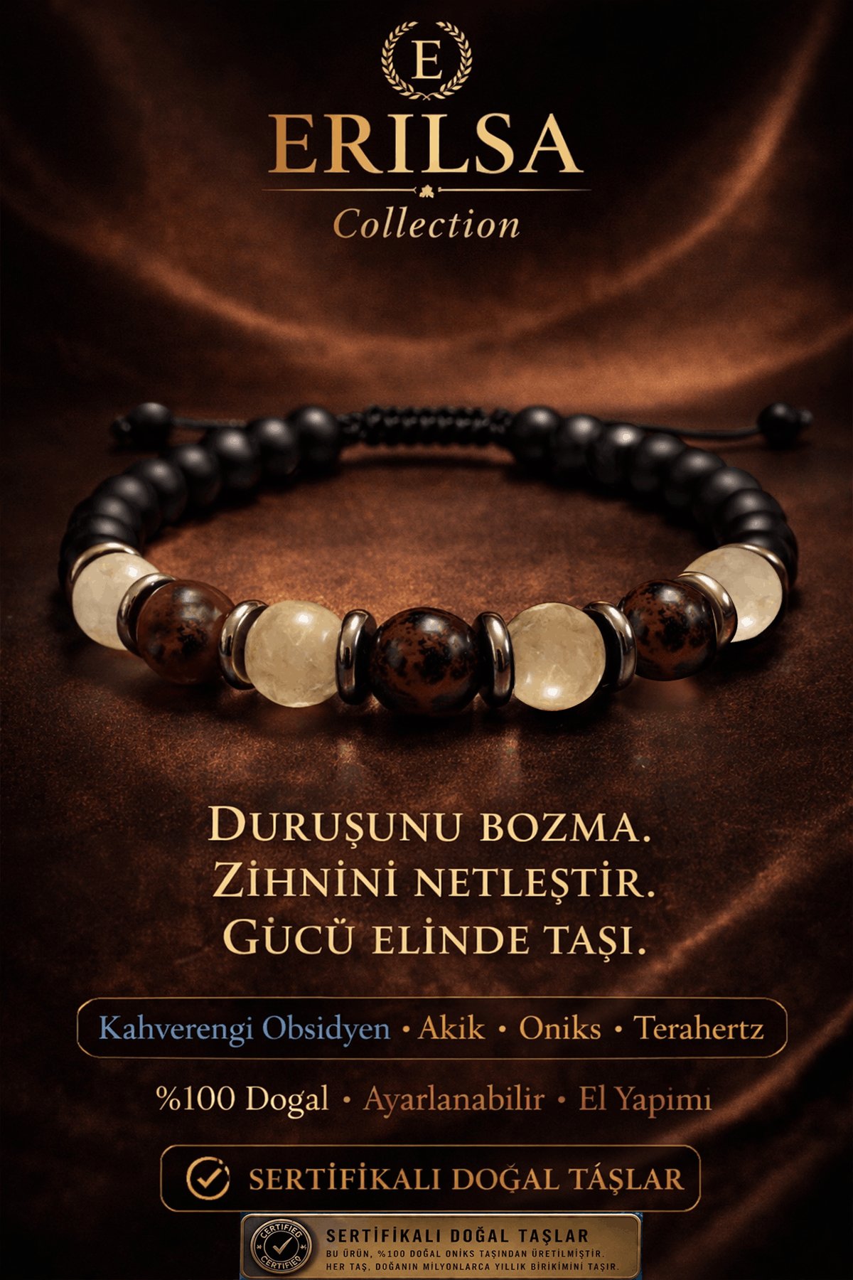 Sertifikalı Oniks Kahverengi Obsidyen Akik Taşı Bileklik - 8 mm Doğal Taş Terahertz Aparatlı