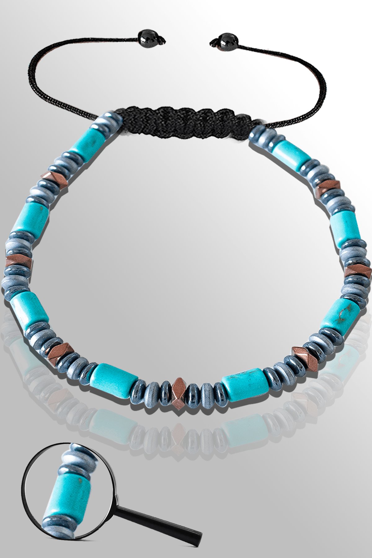 Sertifikalı Hematit - Firuze (Turkuaz) Taşı Bileklik - Ayarlamalı