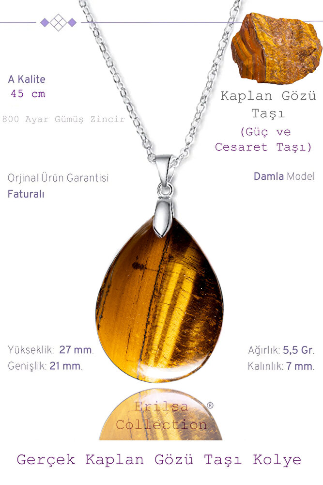 Sertifikalı Damla Model Kaplan Gözü Taşı Kolye (Gümüş Aparatlı)