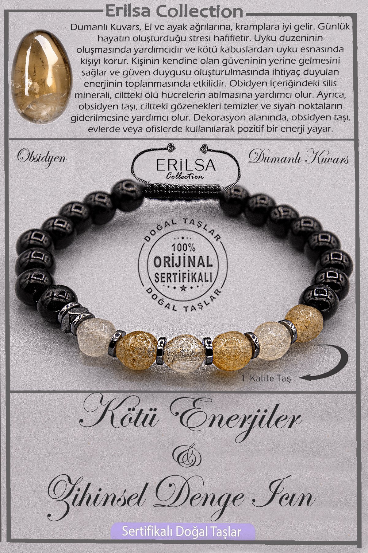 Sertifikalı AAA+ Kalite Obsidyen - Dumanlı Kuvars Şifa Bilekliği – Enerji ve Zihinsel Denge İçin