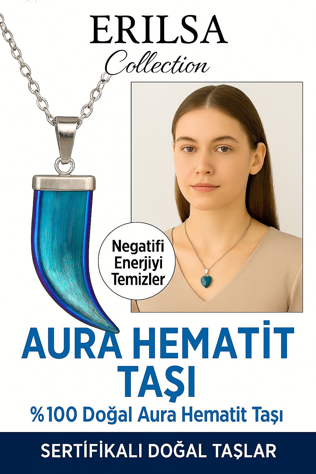 Sertifikalı Boynuz Model Mavi Aura Hematit Kolye – Negatif Enerjiye Karşı Koruyucu Taş