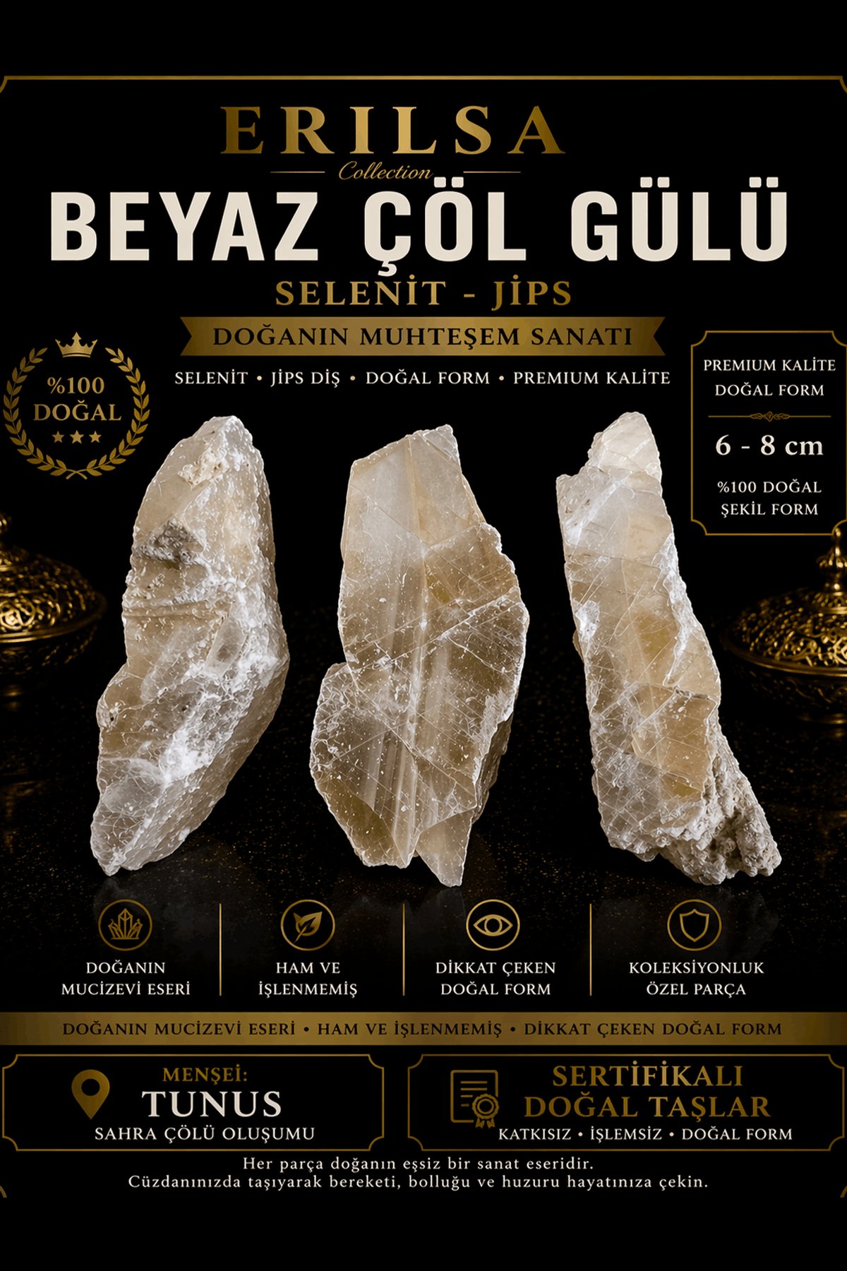 Sertifikalı Beyaz Çöl Gülü Selenit Taşı Kütle - 6-8 cm Premium Kalite Doğal Ham Kristal Jips