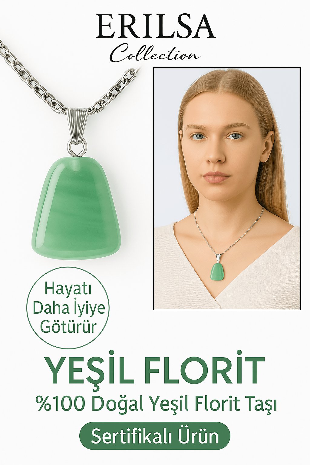 Sertifikalı AAA+ Yeşil Florit Taşı Kolye – Beşgen Model, Gümüş Aparatlı