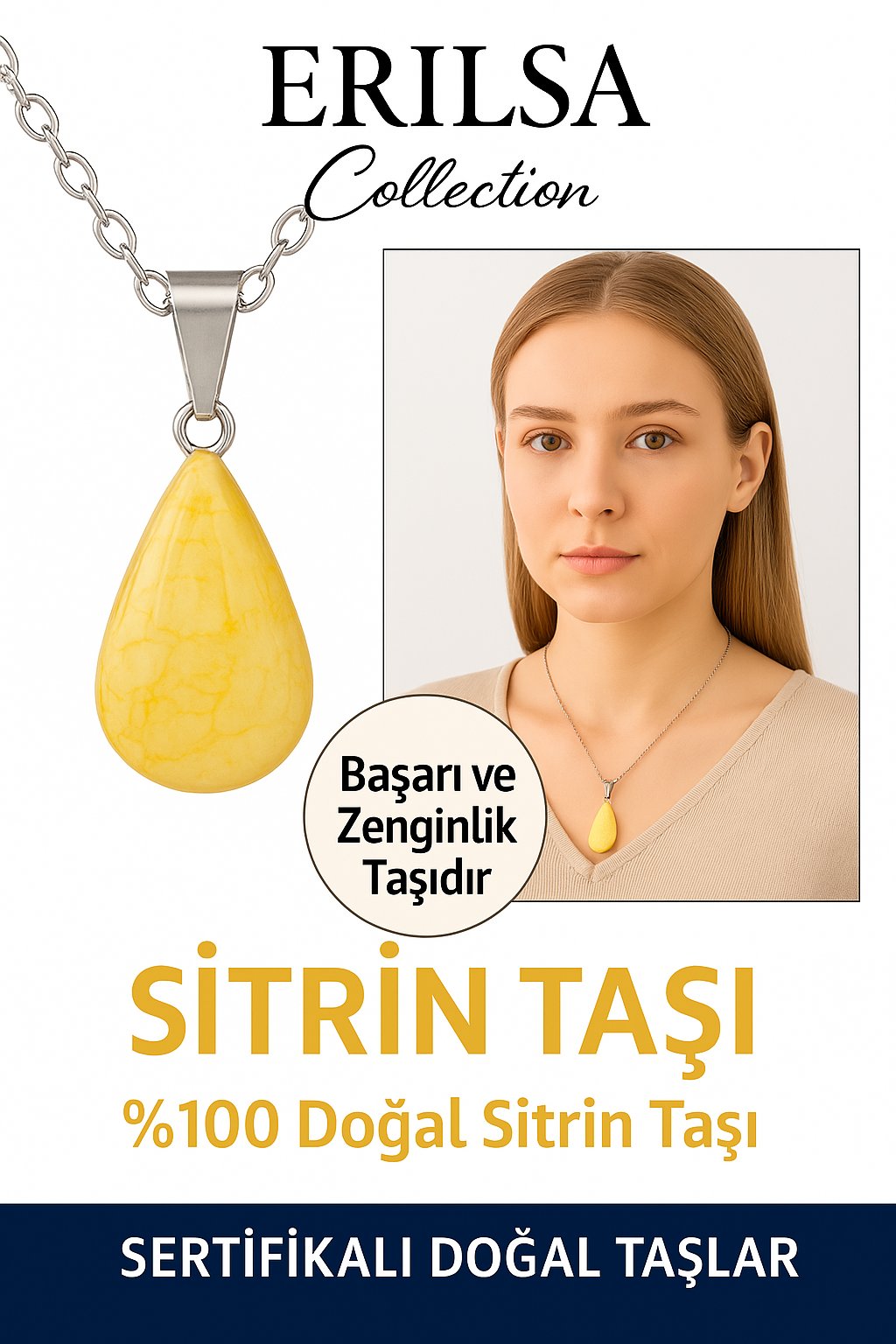 Sertifikalı Damla Model Sitrin Taşı Kolye – Bolluk, Neşe ve Pozitif Enerji Taşı