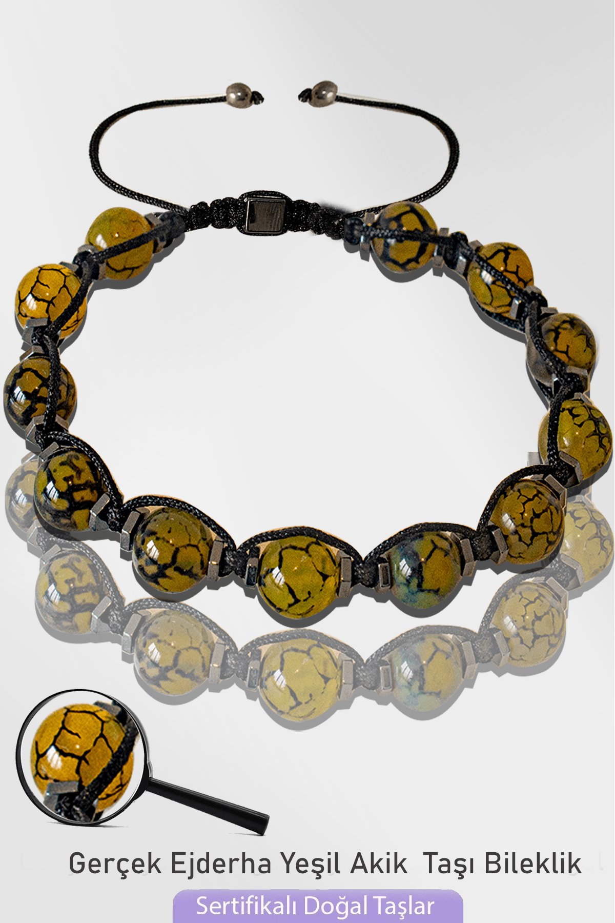 Sertifikalı Makrome Doğal Ejderha Yeşil Akik Taşı Bileklik - Ayarlamalı