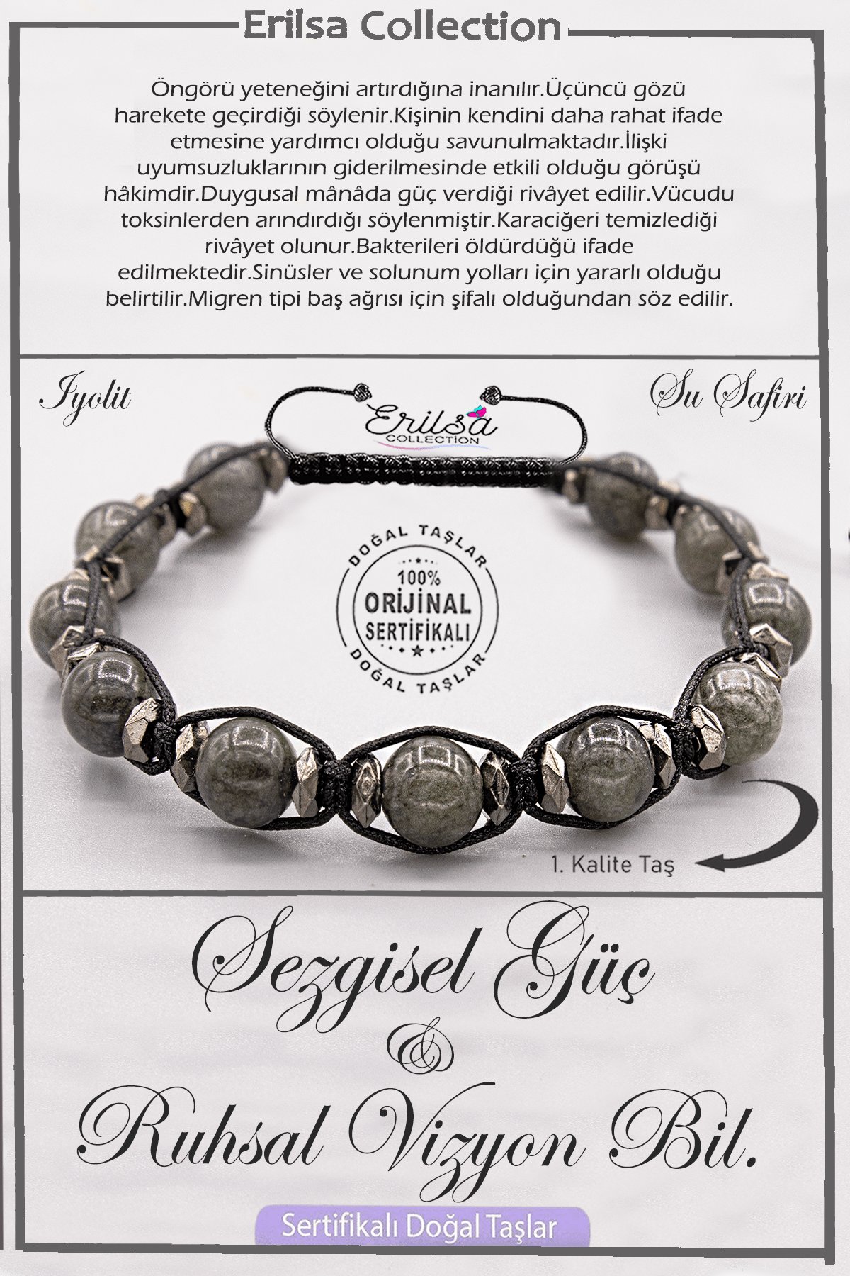 Sertifikalı AAA+ Kalite Doğal Terahertz - İyolit Sakin Zihin Ruhsal Vizyon Bilekliği