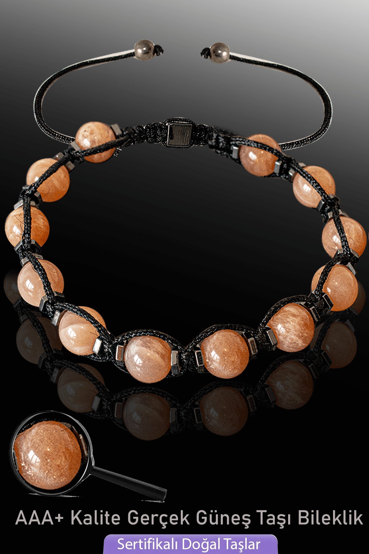 Sertifikalı Makrome Hematitli Gerçek Güneş Taşı Bileklik - Ayarlamalı
