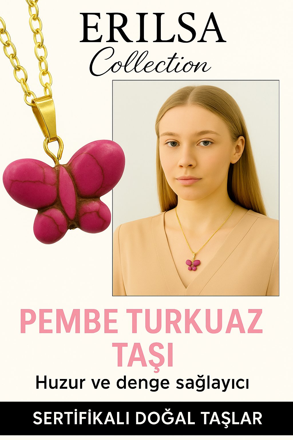 Sertifikalı Kelebek Model Pembe Turkuaz Taşı Kolye – Sevgi, Denge ve Pozitif Enerji Taşı