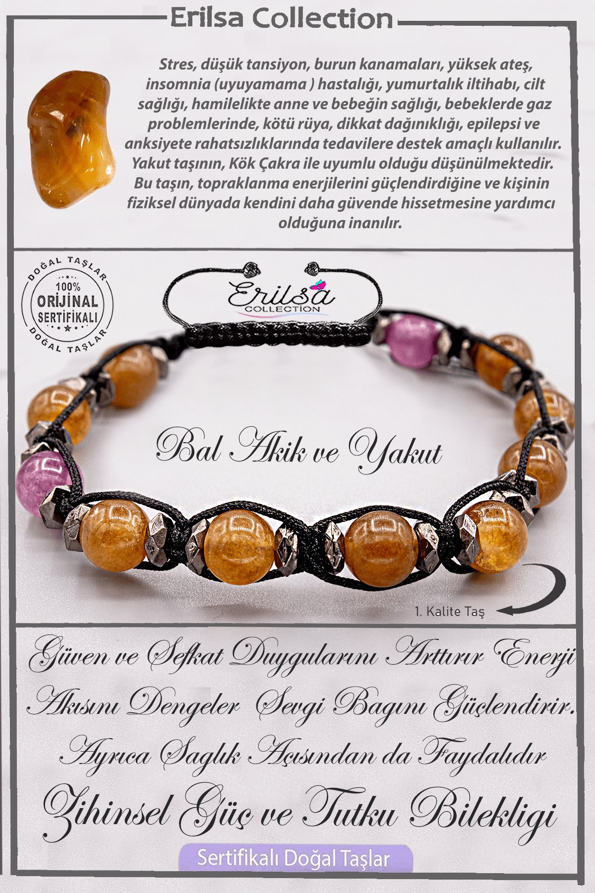 Sertifikalı AAA+ Kalite Doğal Bal Akik - Yakut Zihinsel Güç ve Tutku Bilekliği