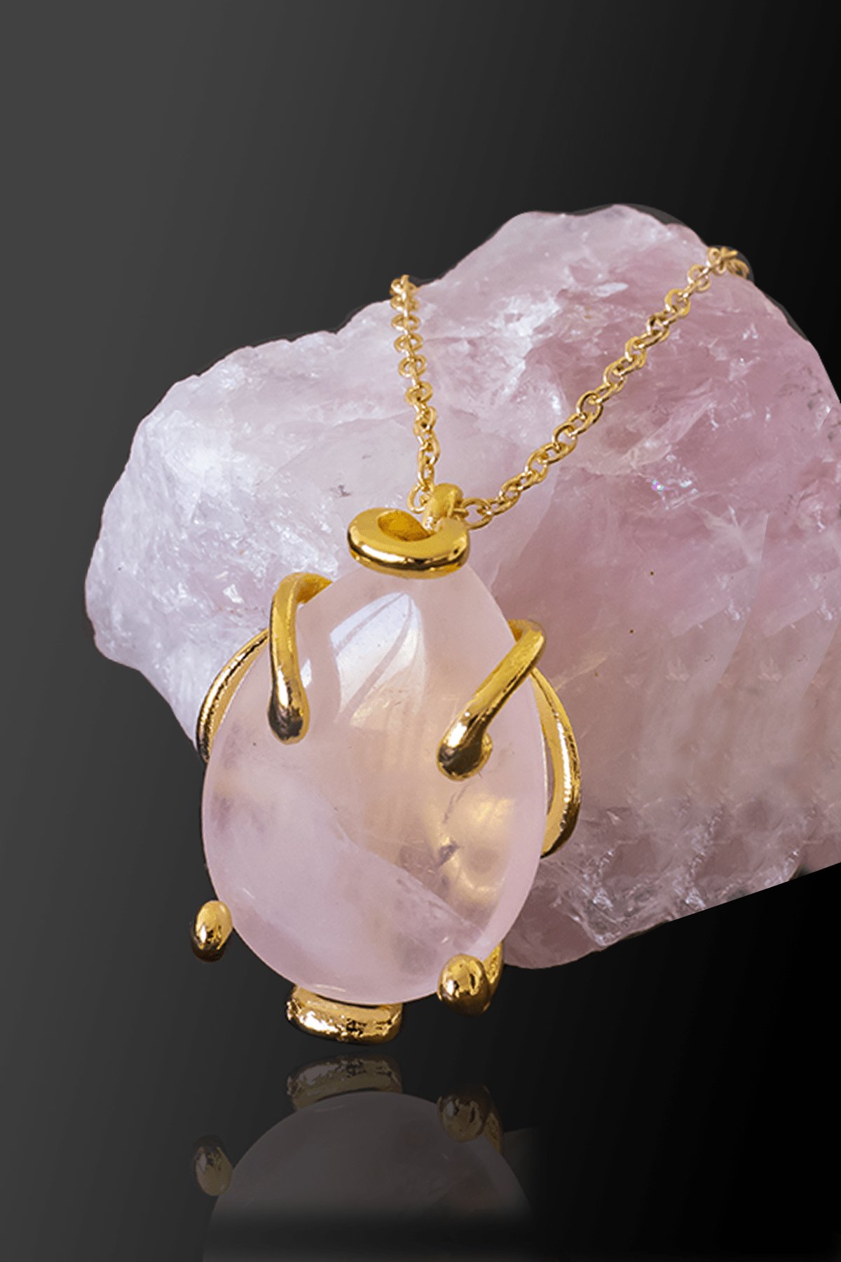 Sertifikalı AAA+ Damla Model Açık Pembe Kuvars Taşı Kolye - Altın Renkli
