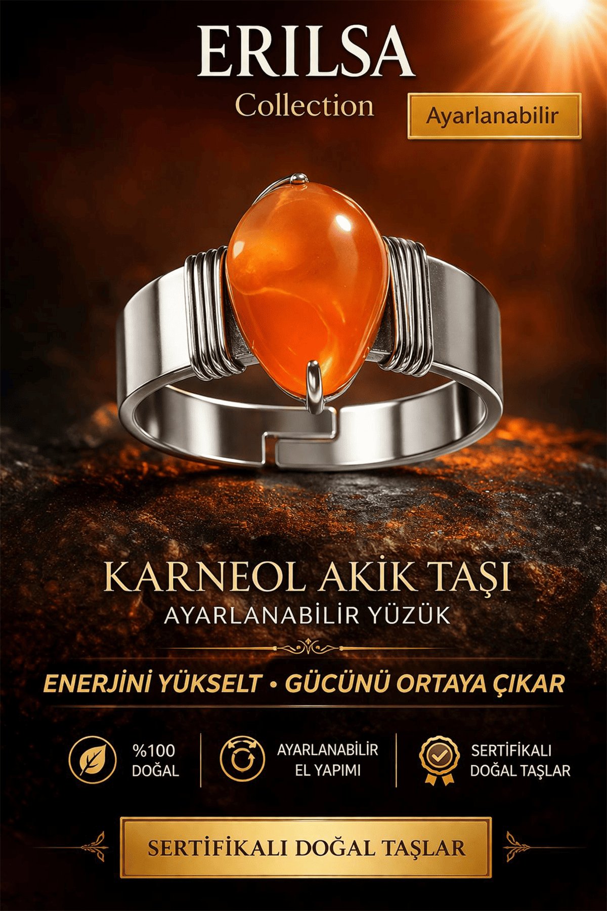 Sertifikalı Karneol - Karnelyan Turuncu Akik Doğal Taş Ayarlanabilir Yüzük – Enerji ve Motivasyon