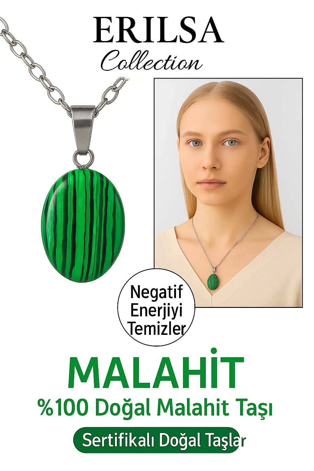 Sertifikalı Malahit Taşı Doğal Taşı Kolye Gümüş Aparat Ağrıları Hafiflet ve Negatif Enerjiyi Yok Et