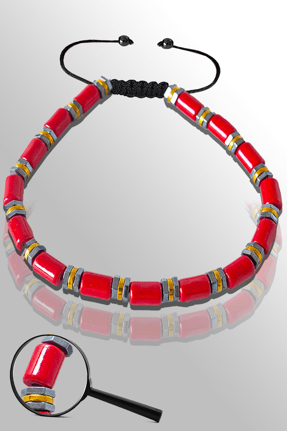 Sertifikal Gold Silver Hematitli Kırmızı Mercan Taşı Bileklik - Boyalı