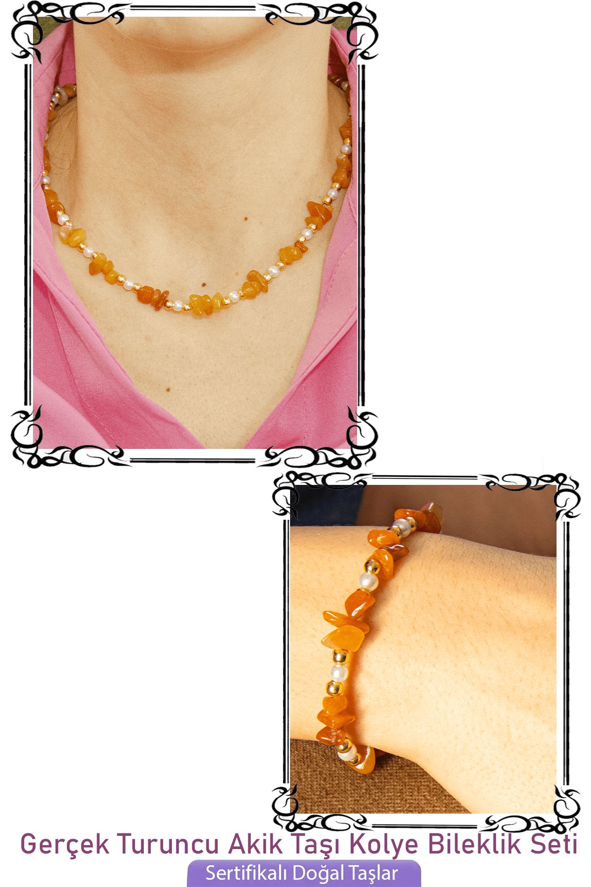 Sertifikalı İncili Turuncu Akik Taşlı Doğal Taş Kolye Bileklik Seti