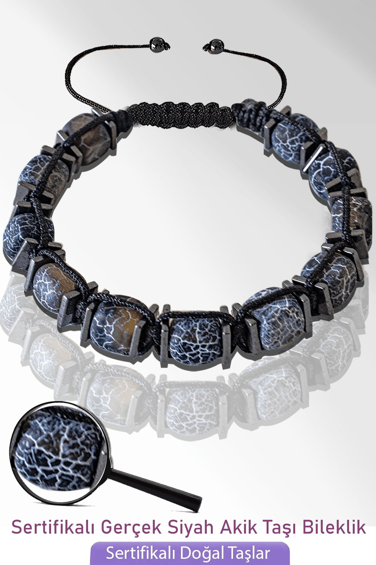 Sertifikalı Küp Model Doğal Ham Siyah Akik Taşı Bileklik - Ayarlamalı