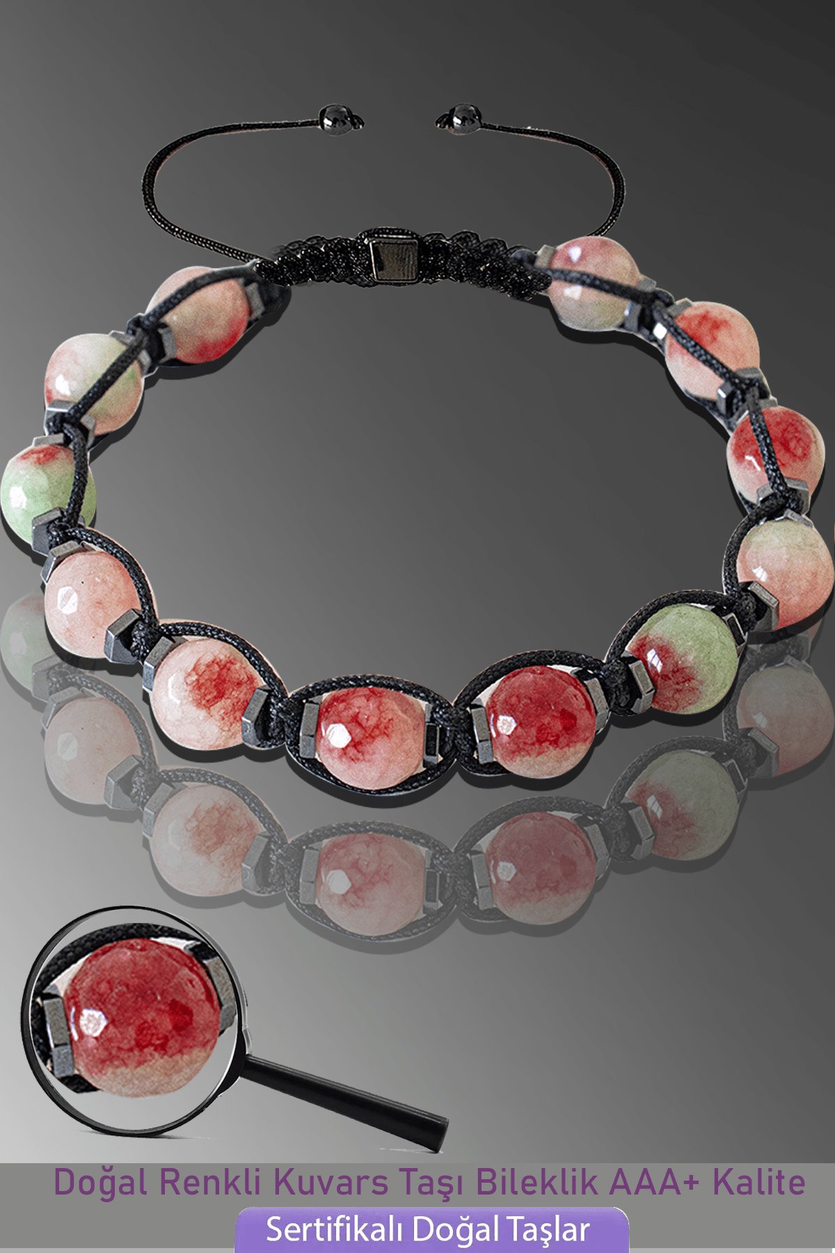 Sertifikalı Makrome Fasetli Mavi - Kırmızı Kuvars Taşı Bileklik - Ayarlamalı